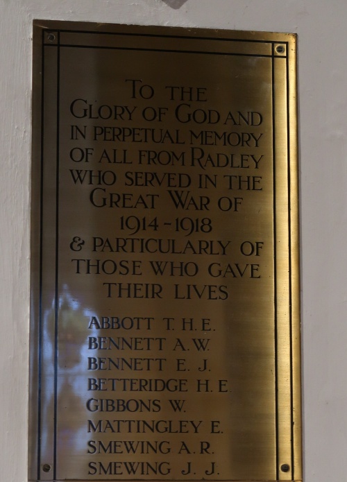 Top half of War Memorial at St James the Great Radley in Oxfordshire showing the names of men who died in the First World War
