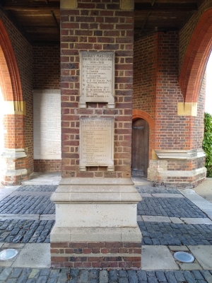 Interior view of the Memorial Arch at Radley College showing the memorial tablets to the Radley masters and servants killed in the First World War