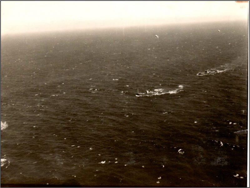 A picture taken by Christine’s uncle of a German convoy in the North Sea he was about to bomb