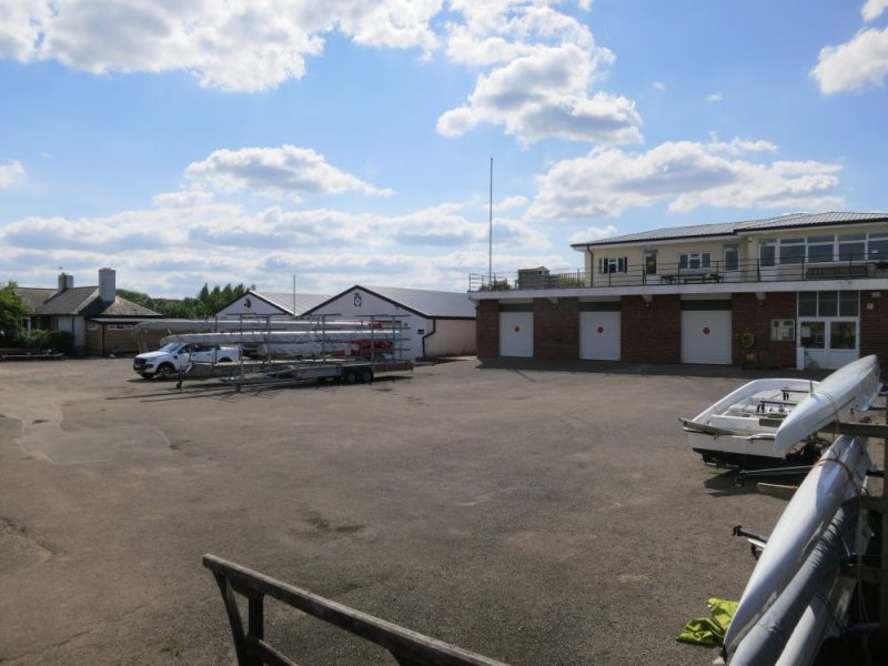 Scene at the Radley College boathouses on the River Thames at Radley in August 2021