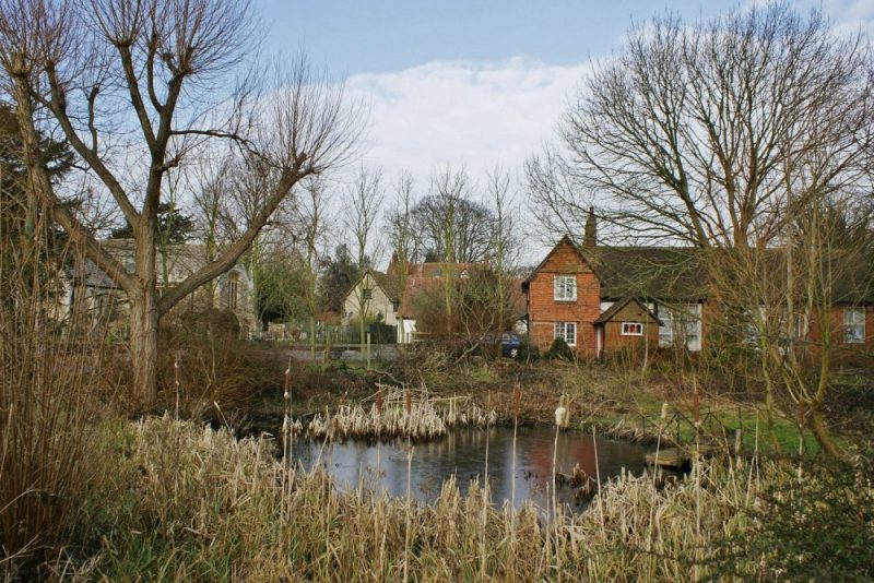 Village pond with the Church, Vicarage, Church Room, School House and Victorian part of Radley Primary School behind