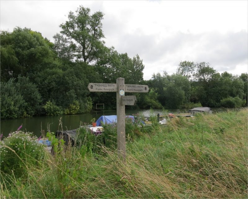 Wooden Thames Path signpost on the river bank at Radley near the Radley College boathouse