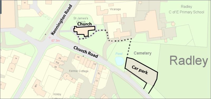 Map showing relative positions of Radley Church and its car park, with the preferred pedestrian route between them