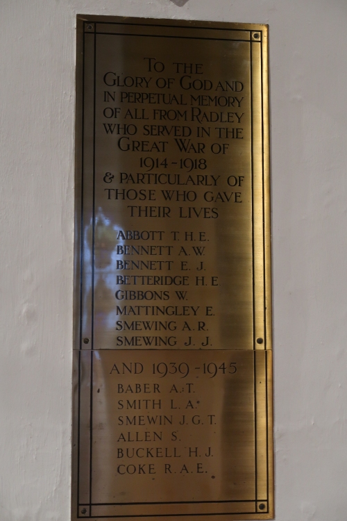Memorial in St James the Great, Radley, to the men of Radley who died in the two World Wars