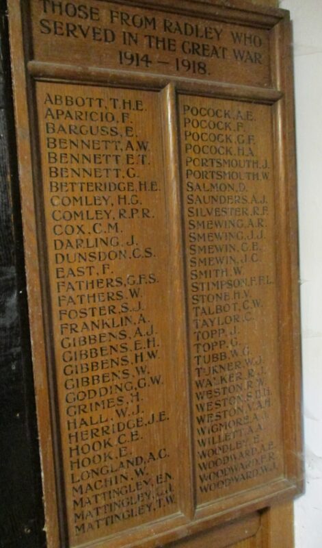 Wooden tablet in Radley Church listing the names of 64 men from Radley who served in the First World War