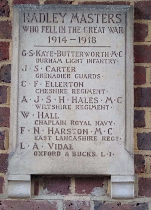 Stone tablet commemorating Radley College masters who died in 1914-1918 war