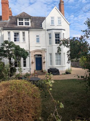 Photograph taken from the pavement in September 2025 of 75 Foxborough Road, a Victorian semi-detached villa now divided into three flats but once the location of the Mulberry Bush School run by Barbara DOckar Drysdale